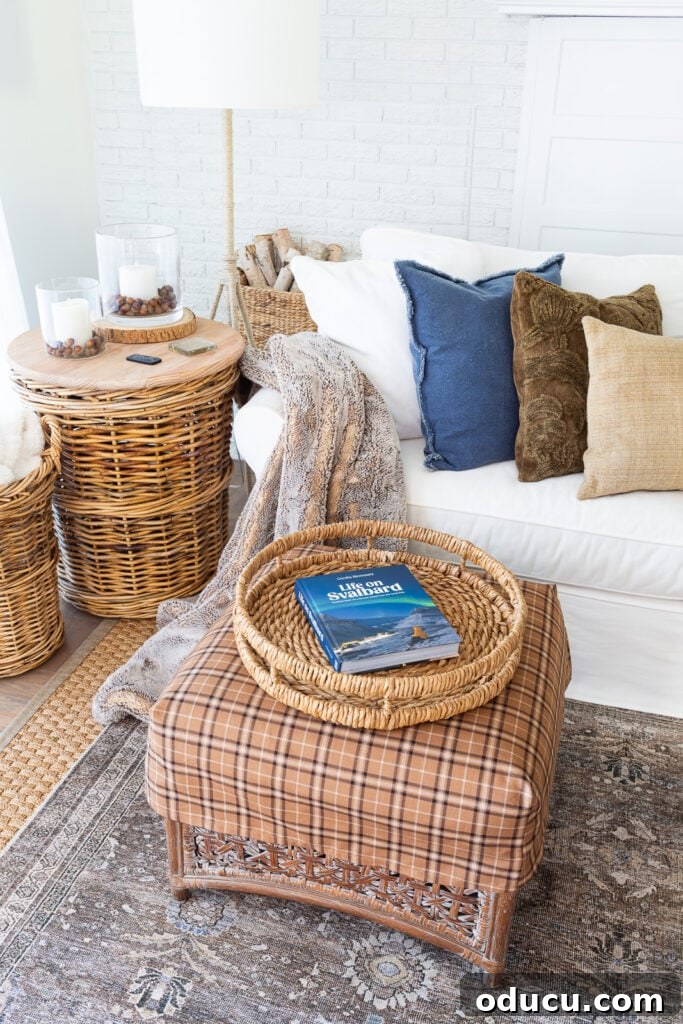Remember That Essential Decorating Resource 12 looking down on a white blue and brown living room getting layers of fall decor started.