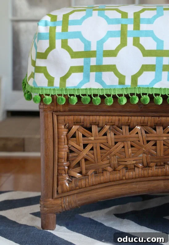 Remember That Essential Decorating Resource 17 DIY green and teal cushion cover on rattan ottoman