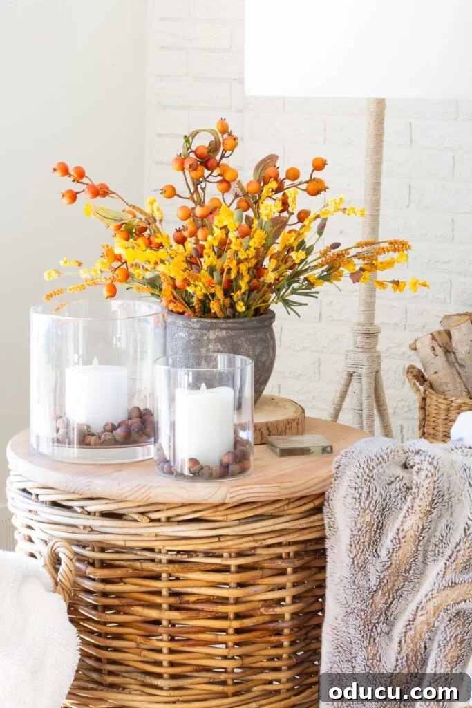 Fall's Full Sensory Home Crafting Your Cozy Autumn Haven 3 A wicker table adorned with simple fall decor, including flickering battery-operated candles and understated faux floral arrangements in autumnal tones, creating a gentle glow.