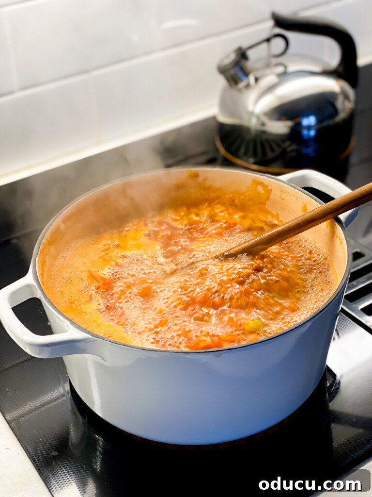 Fall's Full Sensory Home Crafting Your Cozy Autumn Haven 4 Rustic tomato soup simmering gently on a stovetop, filling the kitchen with a warming, inviting aroma, embodying home comfort.