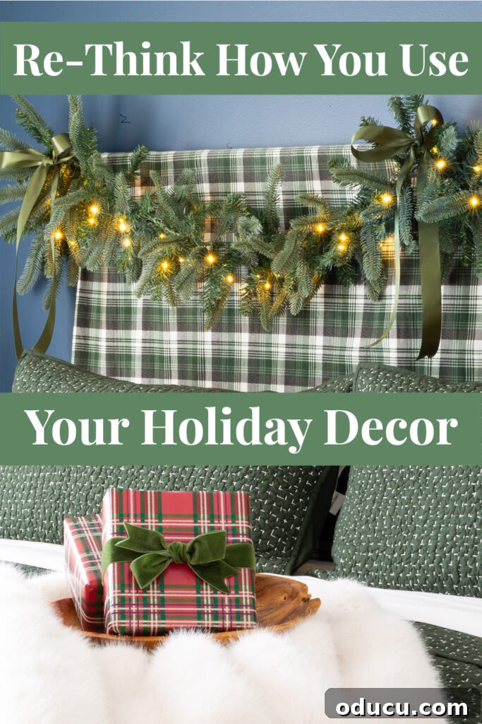 One King of Christmas Fir Set for Three Stunning Holiday Rooms 12 Bed with Christmas garland draped over headboard.