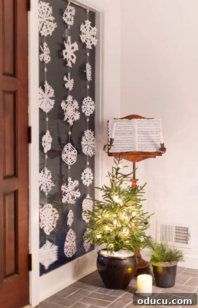 DIY Paper Snowflake Window Displays 5 Three rows of beautifully cut paper snowflakes illuminating a tall window at night, enhancing winter decor.
