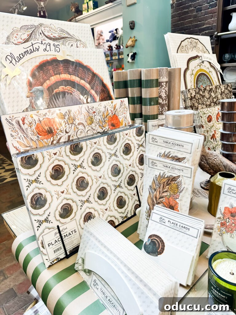 Thanksgiving's Functional and Festive Focal Point 3 Display of various Thanksgiving paper products, including placemats and napkins, at the Hester & Cook store in Franklin, TN.