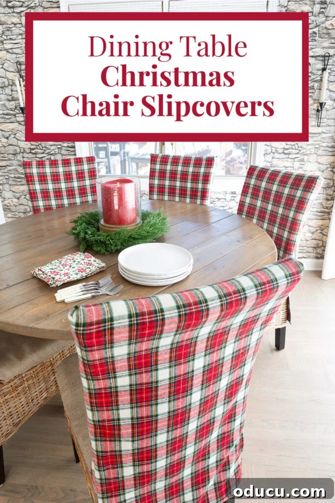 Round wood kitchen table with Christmas plaid fabric covered dining chairs around it. Overlay text says - Dining Table Christmas Chair Slipcovers
