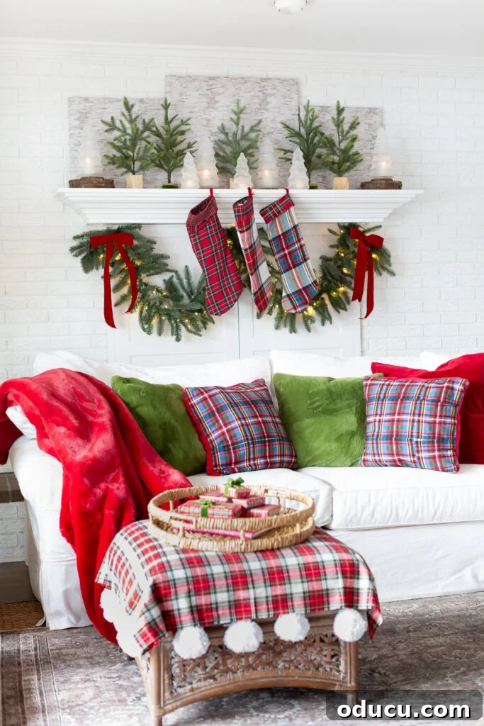 My Christmas Home: Timeless Memories, Not Trends 2 A living room with a classic red and green Christmas decorating color scheme with a modern touch of plaid and the texture of fur added.