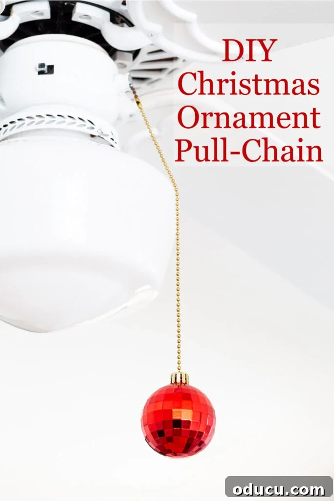 DIY Christmas Ornament Pull-Chain on white ceiling fan.