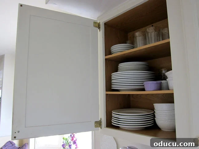 Craft Your Own Stylish Ribbon Memo Board 2 Open kitchen cabinet door, showing the interior surface before the memo board installation