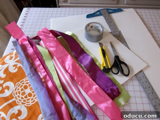 Craft Your Own Stylish Ribbon Memo Board 3 Assortment of colorful ribbons and fabric scraps laid out, ready for making a memo board