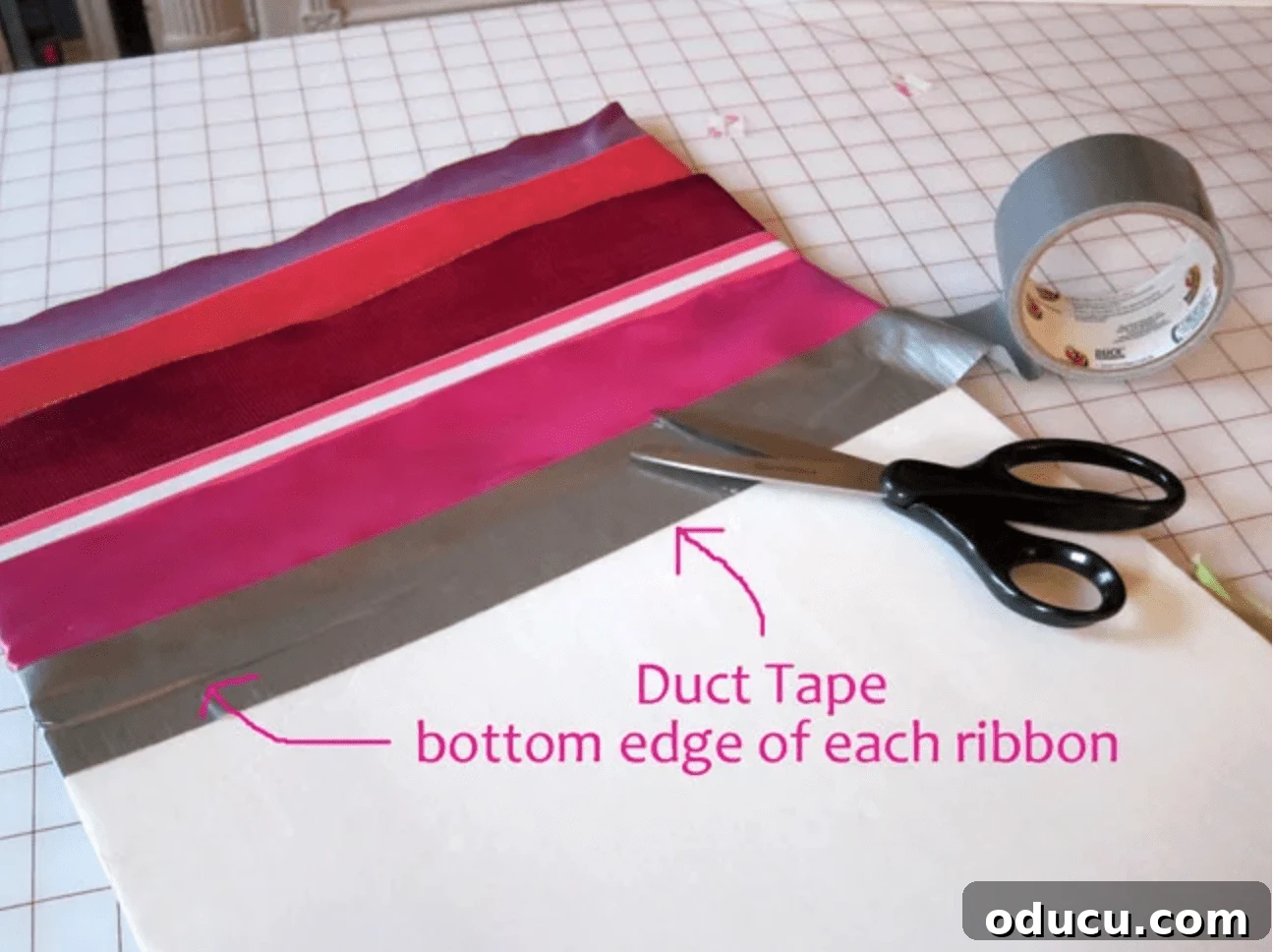 Craft Your Own Stylish Ribbon Memo Board 5 Close-up of colorful ribbons being carefully attached to the board, showing the overlap technique