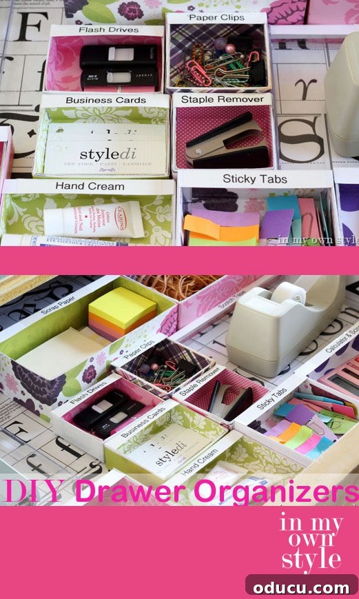 How to make drawer dividers using small cardboard boxes. #drawers #organizing #deskorganizers Vibrant and colorful DIY drawer organizers made from small cardboard boxes, showcasing various patterns and labels.