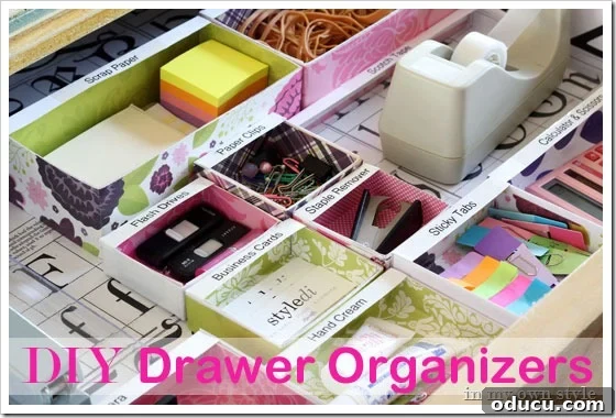 Drawer-dividers-complete-wi: See the finished look of custom desk drawer organizers. Beautifully organized desk drawer with DIY dividers made from lined cardboard boxes and scrapbook paper.