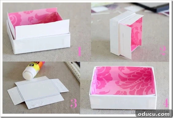 How to make drawer dividers using small cardboard boxes. #drawers #organizing #deskorganizers Lined cardboard box ready to be used as a DIY drawer divider, showcasing the snug fit of the paper liner.