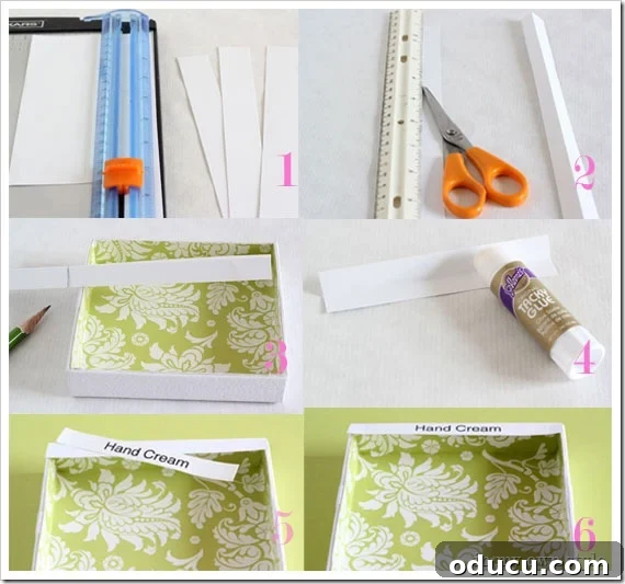 Cut-paper-strips: Precision cutting for professional-looking labels. Step-by-step tutorial showing how to cut paper strips for labels on DIY drawer organizers.
