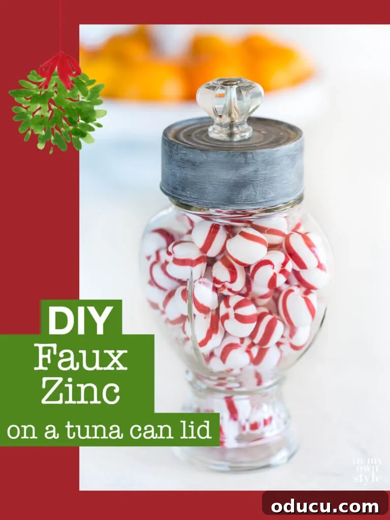Faux Zinc Makeover for a Tuna Can Candy Jar Lid 3 DIY Faux Zinc Finish with Craft Paint: Transform a tuna can into an antique-look lid for a glass canister. Easy upcycling tutorial for elegant home decor.