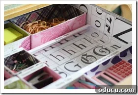 High Gloss Upgrade: My Office Desk Transformed 2 Furniture makeover of the inside of a desk drawer using cut up book pages to line it.- before and after