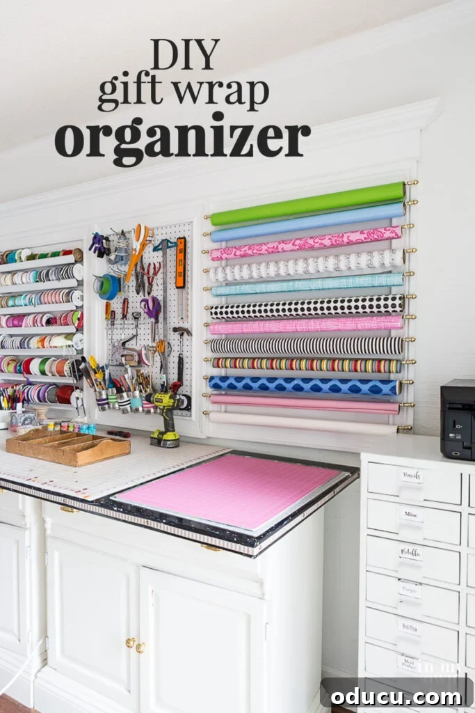DIY Gift Wrap Storage Solution 4 Craft room walls adorned with three distinct white frames, elegantly organizing ribbon spools, various tools, and rolls of gift wrap. This image exemplifies decorative and functional storage solutions for a creative space.