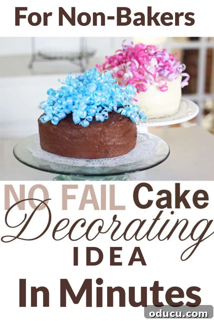 Fast and Easy Cake Decorating Idea with Ribbons A visual graphic depicting two simply iced cakes, beautifully enhanced with the easy curled ribbon decorating technique, perfect for any celebration, embodying festive cake ideas.