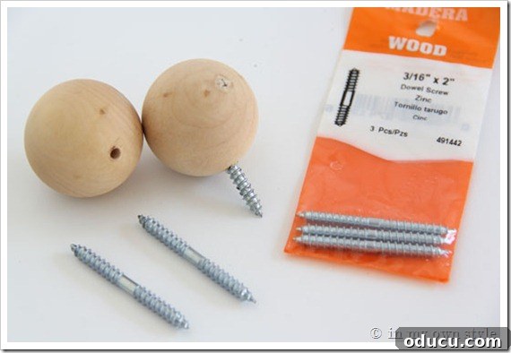 wood-ball-and-screws Wood ball with a dowel screw inserted, demonstrating how to attach embellishments.