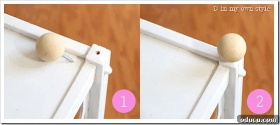 Attaching-wood-balls Step-by-step image showing how to attach the wood balls with dowel screws to the table corners.