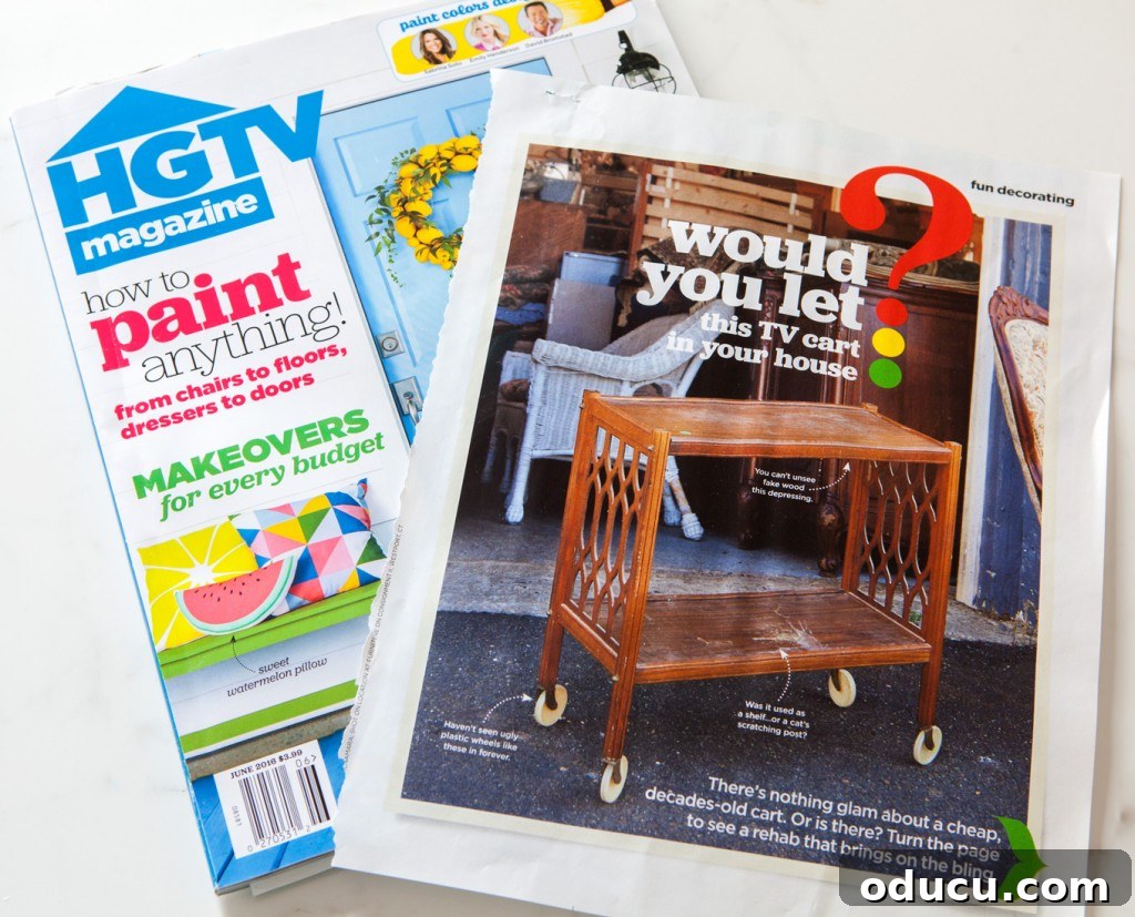 Fabulous Finish for a Thrifted Table Using DIY Chalk Paint 2 HGTV Magazine spread featuring a similar furniture piece and question about makeovers.