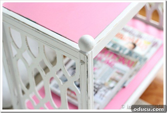 Pink-close-up-with-magazine Close-up of the chalk painted table with a pink insert, styled with a magazine.
