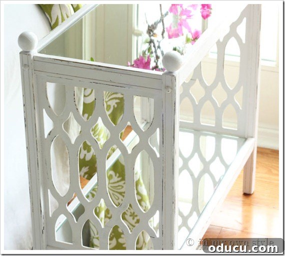 with-mirrors White chalk painted table featuring elegant mirror inserts on top and bottom shelves.
