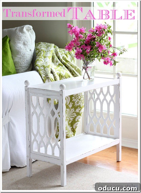 Transformed-Table Transformed white side table with chalk paint and various interchangeable inserts.
