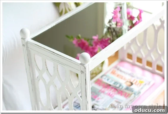 mirror-table Close-up of the chalk painted side table featuring a mirror insert on the top surface.