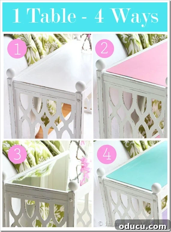 4-color-table Chalk painted table shown with four different colored hardboard inserts.