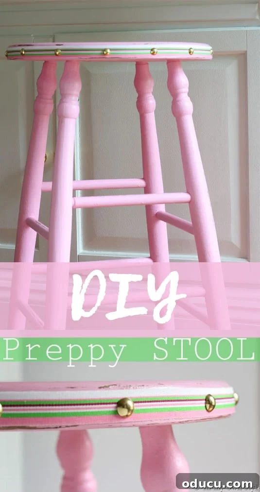 Chalk Paint Magic: Preppy Stool Makeover 2 DIY: Chalk Painted Preppy Pink Stool with Ribbon Border. A furniture makeover transforming a hand-me-down into a unique, colorful piece using paint and decorative ribbon.