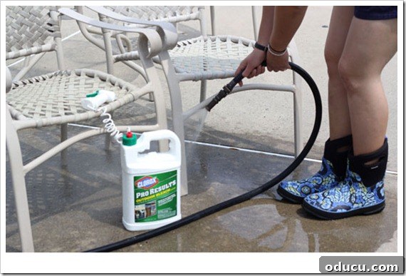 Patio Furniture Cleaning with Bogs Boots and Clorox Cleaner Daughter Modeling Bogs Boots While Cleaning Outdoor Patio Furniture