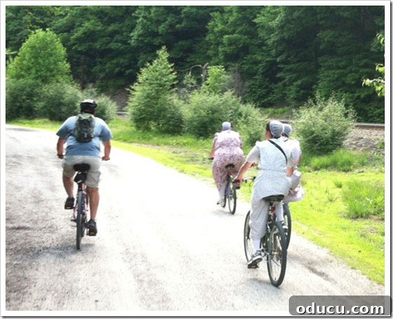 Mennonite Women Riding Bikes Mennonite women riding bikes on the trail