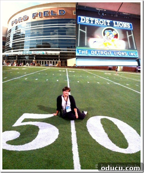 Diane of In My Own Style at Ford Field, showcasing recycled materials