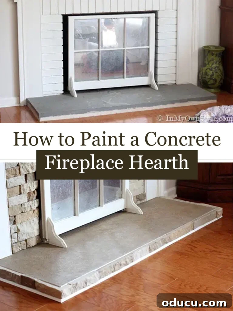 Before and after images of a concrete hearth that was painted.