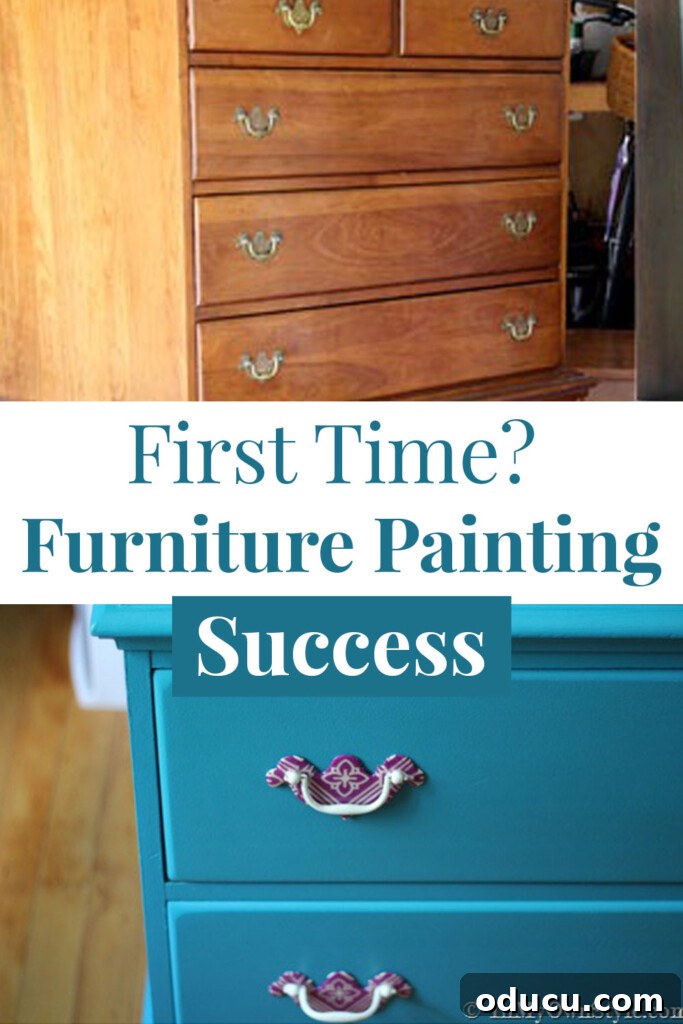 From Worn Out to Wonderful Painting an Old Chest of Drawers 3 Before and after comparison image of a golden brown chest of drawers transformed into a vibrant turquoise. Overlay text reads: 'First time? Furniture painting success.'