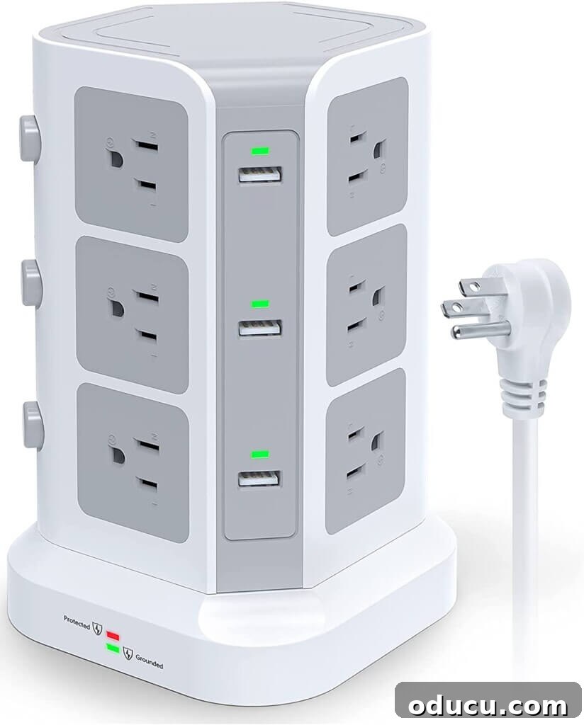Stylish Dorm Room Decor for Less 8 Power Strip tower for plugging in a lot of electrical cords in a dorm room.