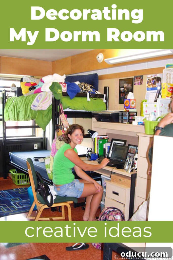 Stylish Dorm Room Decor for Less 11 College student sitting at desk in a dorm room figuring out where to put everything in the small room. Text overlay says Decorating My Dorm Room creative ideas.