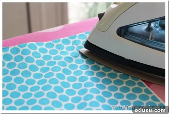 How to use fabric glue to create no sew decor, showing final pressing of the combined panel.