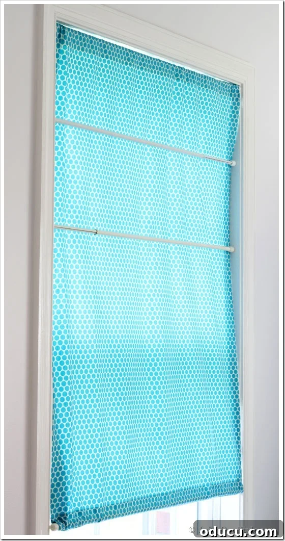 Tutorial for how to make no Sew window treatments, showing placement of all four tension rods.