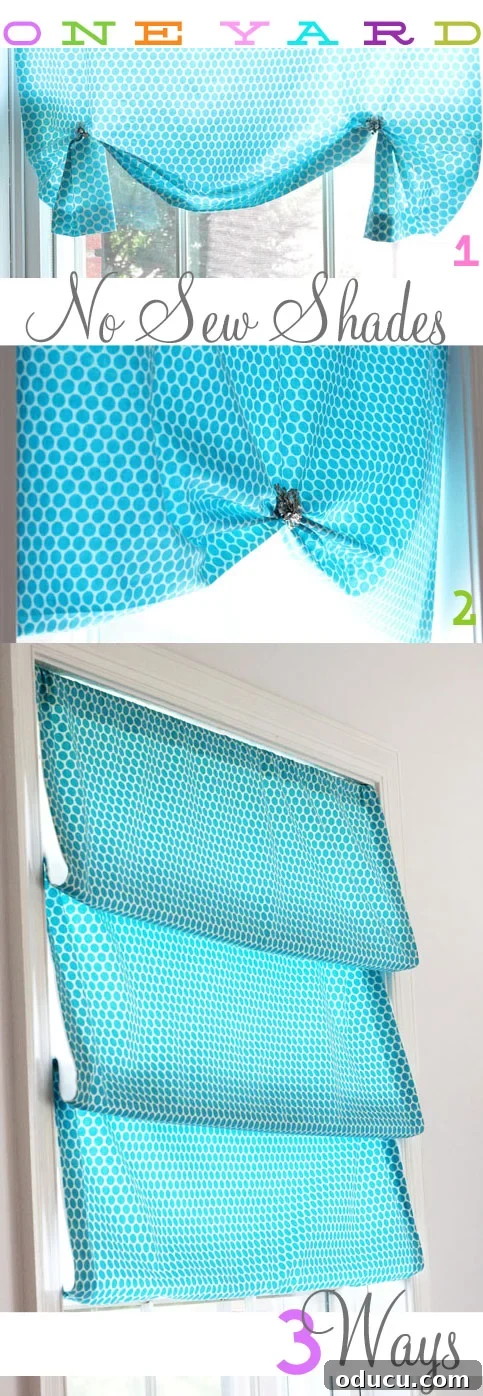 Turquoise and white no-sew window treatment shade that can be styled in different ways, final product showcase.