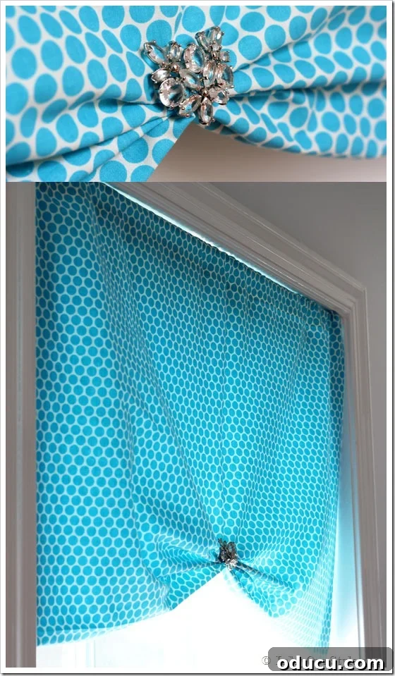 One yard No Sew Window Treatment styled with a single clip for a centralized gather.