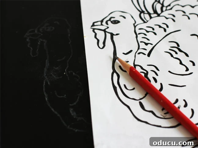 Festive Thanksgiving Turkey Chalkboard Art 3 Step-by-step image showing how to trace a drawing onto a chalkboard.