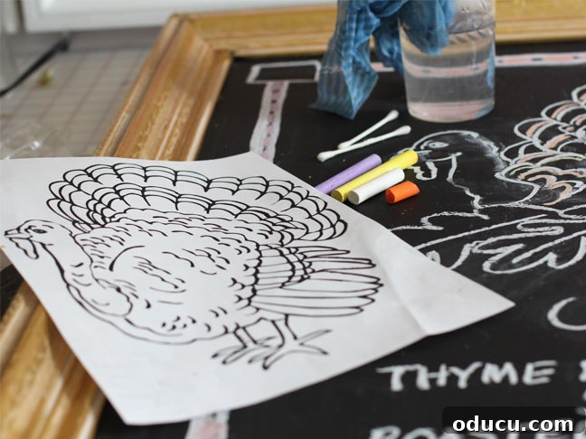 Festive Thanksgiving Turkey Chalkboard Art 5 Essential supplies laid out for creating chalkboard art.