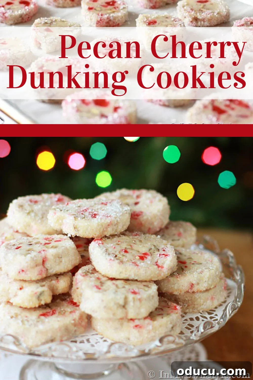 Pecan Cherry Christmas Cookies - The Best Dunking Cookies Pecan Cherry Dunking Cookies on a glass plate stand with a graphic overlay that says Pecan Cherry Dunking Cookies, perfect for Christmas or any time of the year.