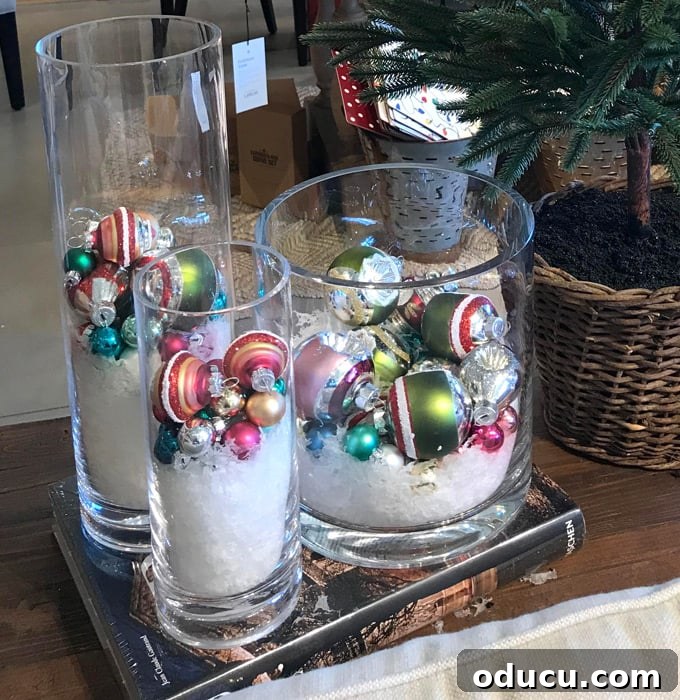 Fast and easy Christmas decorating idea using ornaments in a glass vase