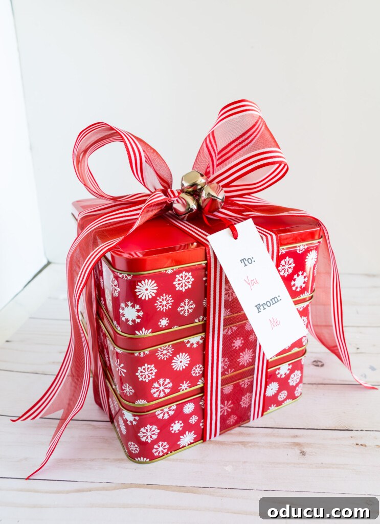 Creative Christmas gift wrapping ideas for cookie tins and boxes.