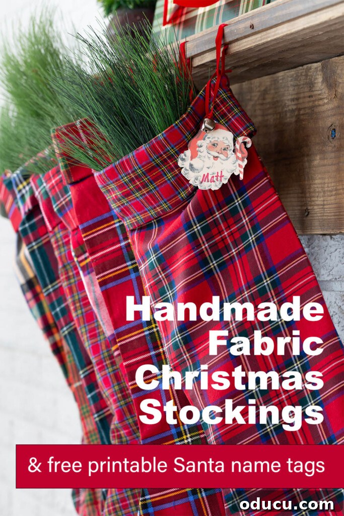 Craft Your Own Christmas Stocking Guide 12 Handmade fabric Christmas stockings and free vintage Santa face gif tag printable.