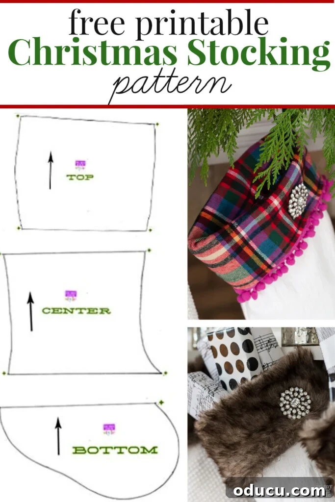 Craft Your Own Christmas Stocking Guide 13 Photo showing a Christmas stocking pattern and completed stockings hanging along a mantel.