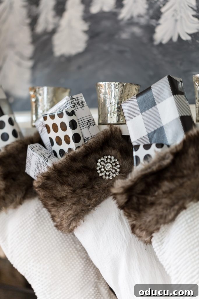 Craft Your Own Christmas Stocking Guide 10 Brown fur lined white stockings hung on a mantel.