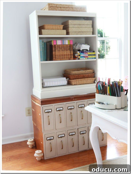 Furniture Reimagined 3 How-to-make-your-own-Furniture by repurposing existing pieces. Stacked bookshelf on a file cabinet.